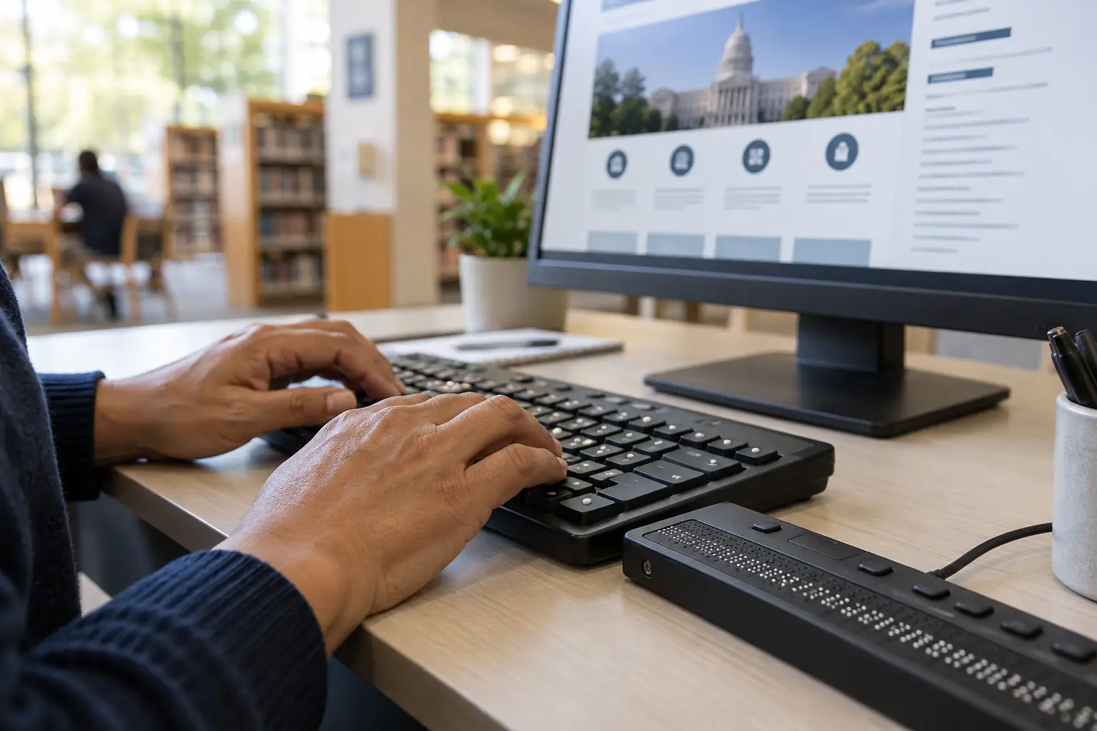 Personne utilisant un clavier à repères tactiles et un afficheur braille devant un site civique