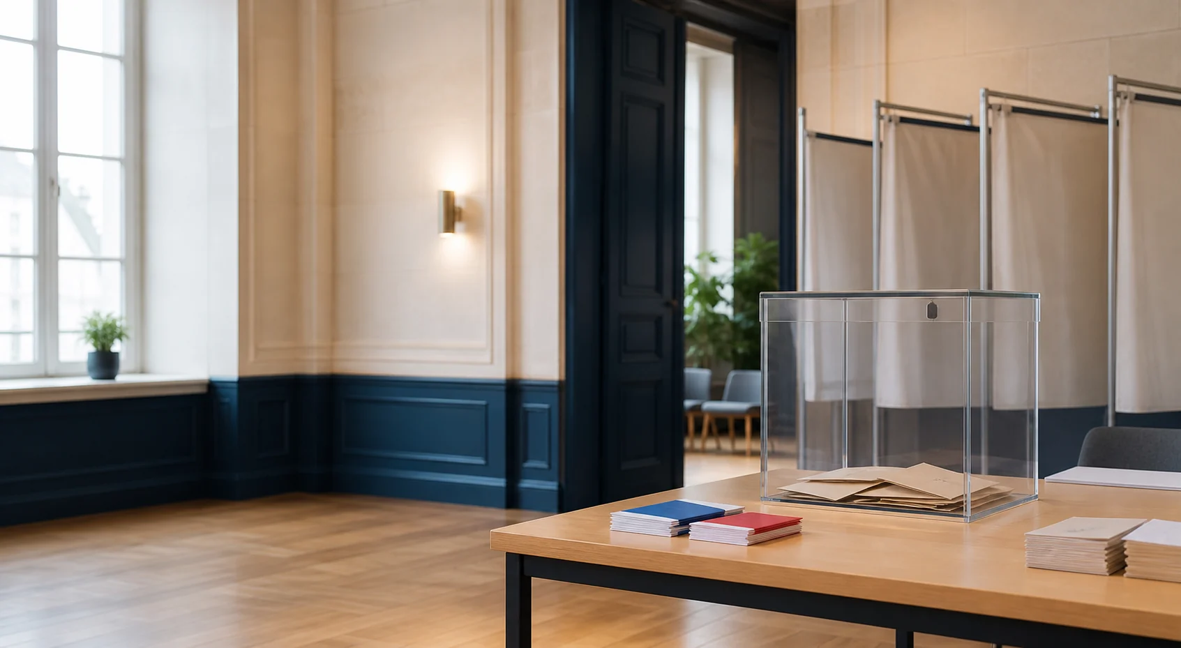 Bureau de vote préparé dans une mairie avec urne transparente et isoloirs