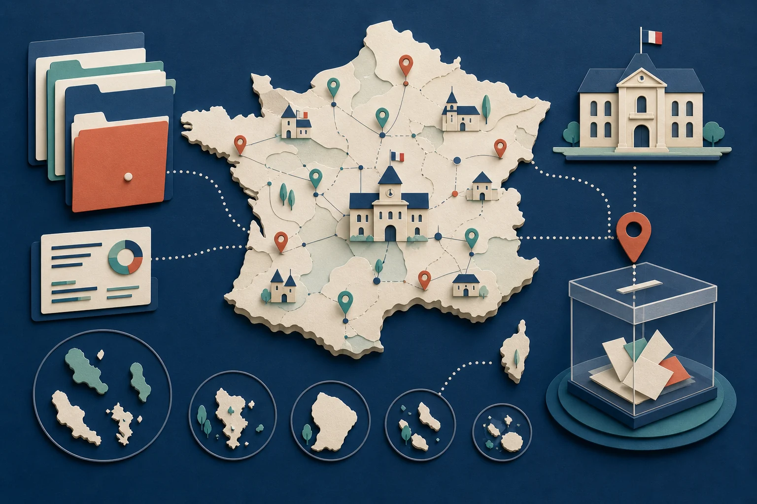 Illustration éditoriale reliant les données publiques nationales aux communes et aux bureaux de vote