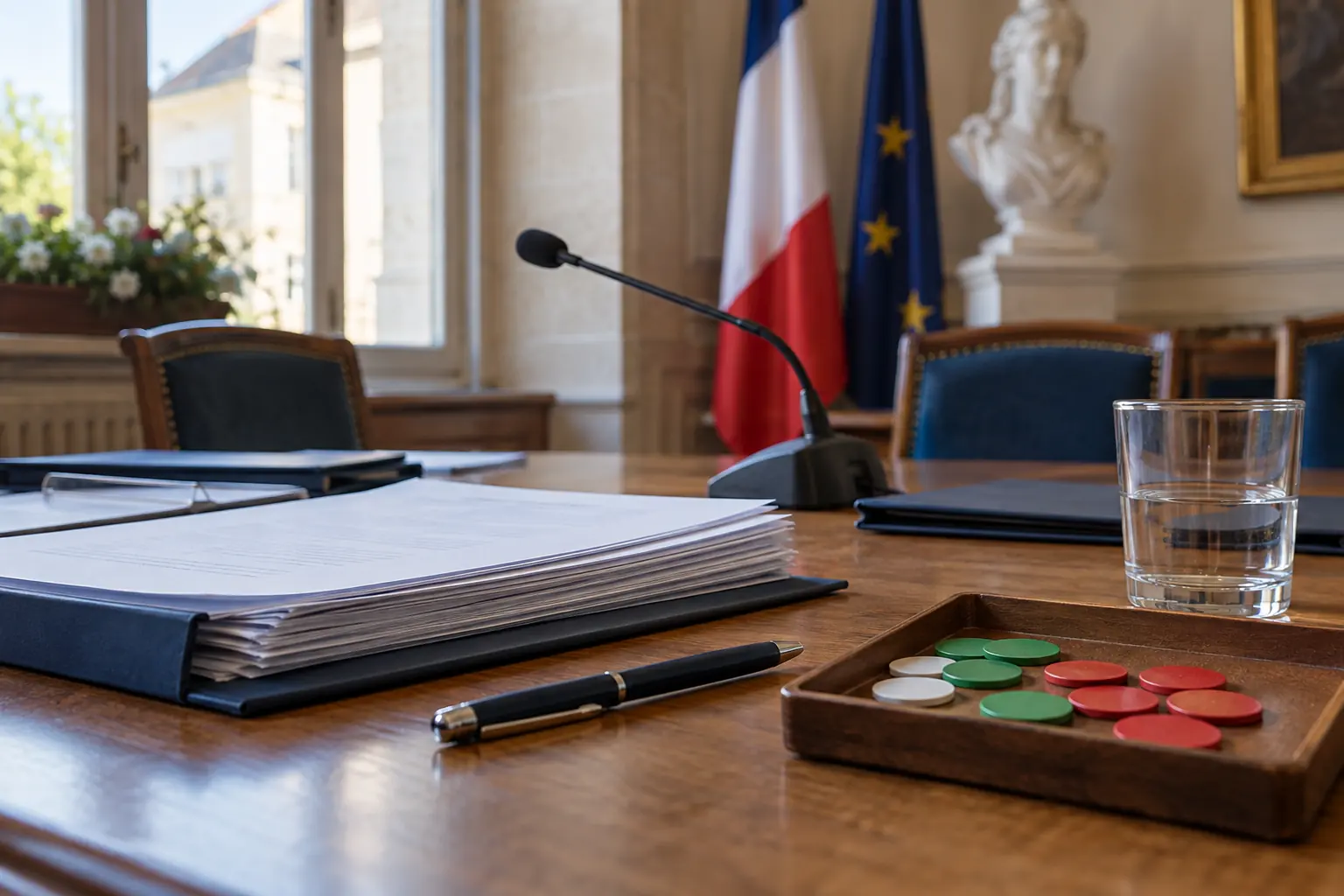 Dossier de délibération et notes disposés sur une table de conseil municipal