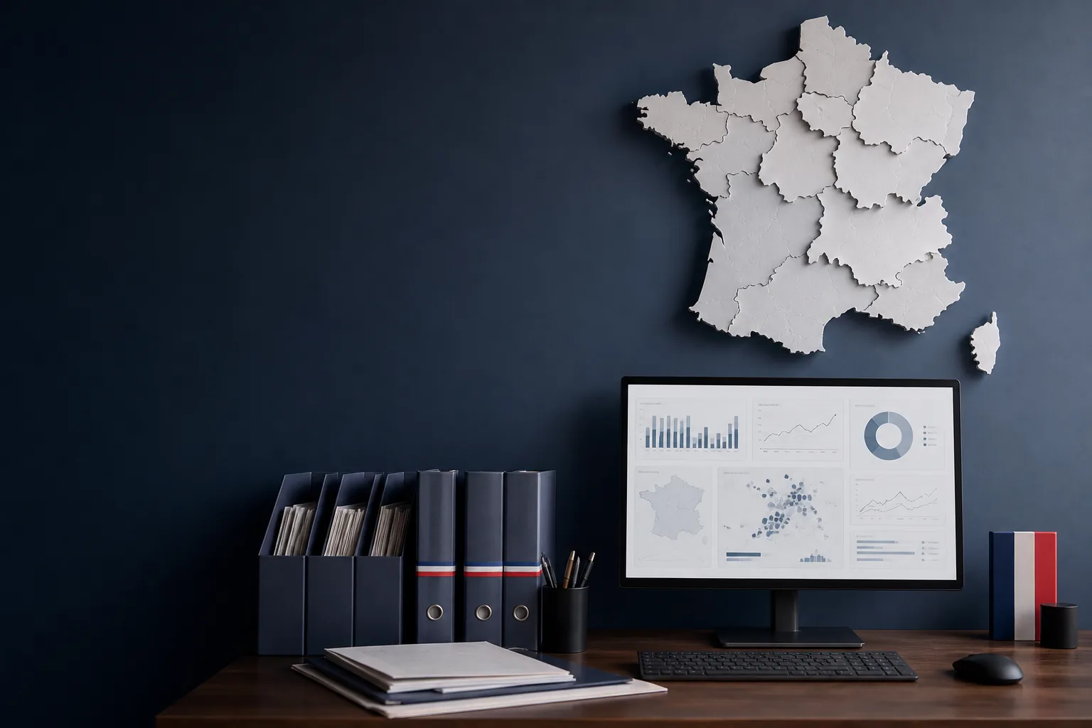 Carte de France et données civiques présentées sur un bureau de travail