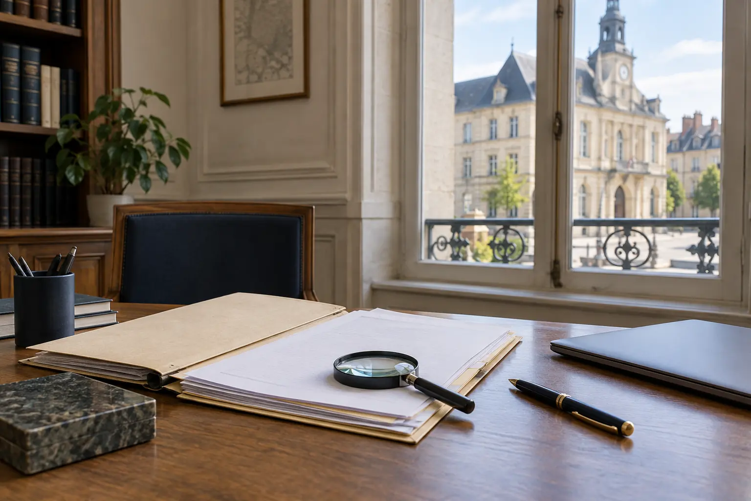 Dossiers administratifs et loupe sur une table de consultation