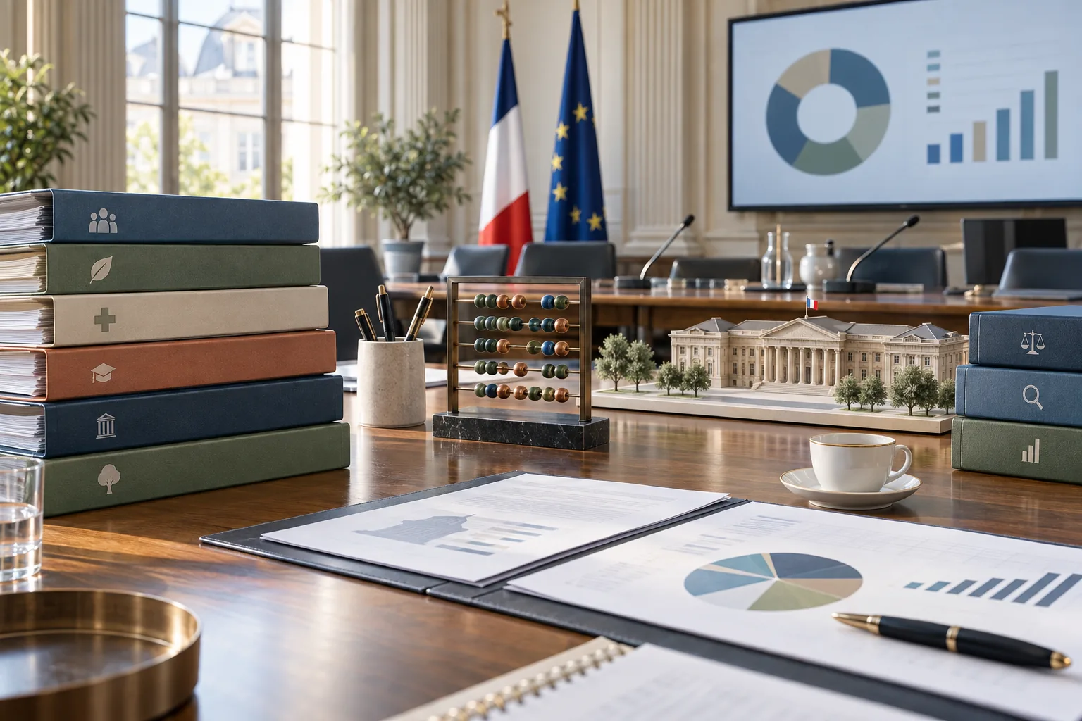 Dossiers de politiques publiques, graphiques et boulier sur une table de travail budgétaire