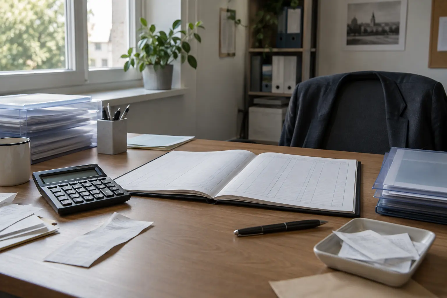 Registre comptable, calculatrice et justificatifs de campagne sur un bureau