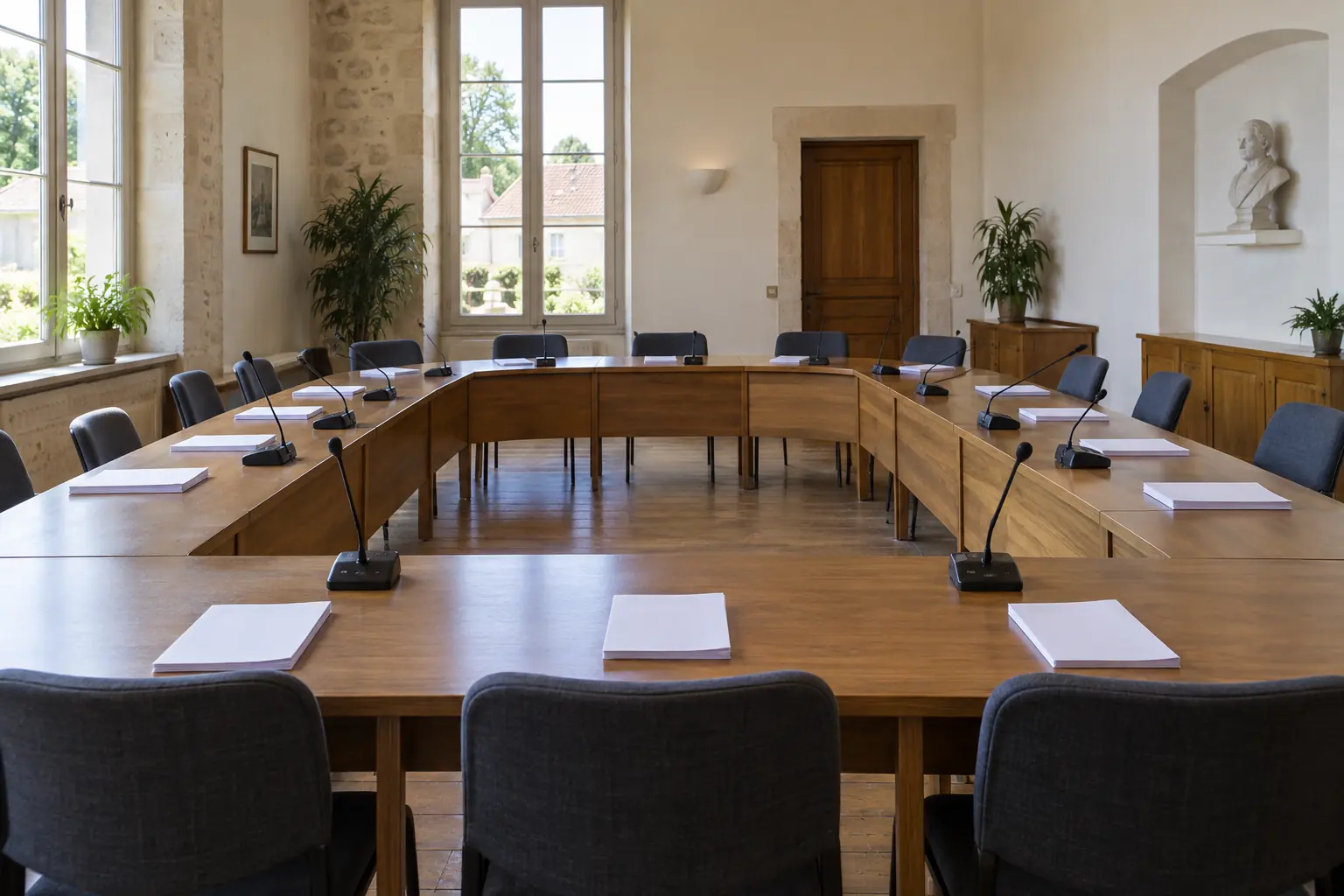 Salle du conseil municipal avec tables, microphones et dossiers de séance