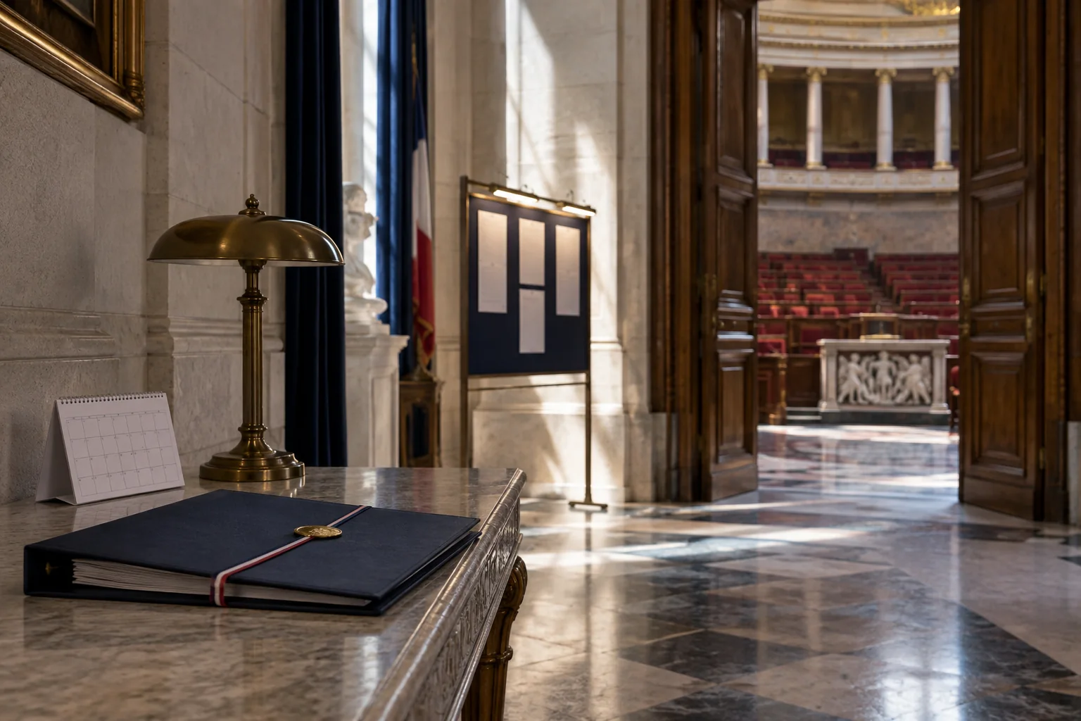 Dossier institutionnel et calendrier devant les portes ouvertes d’un hémicycle parlementaire