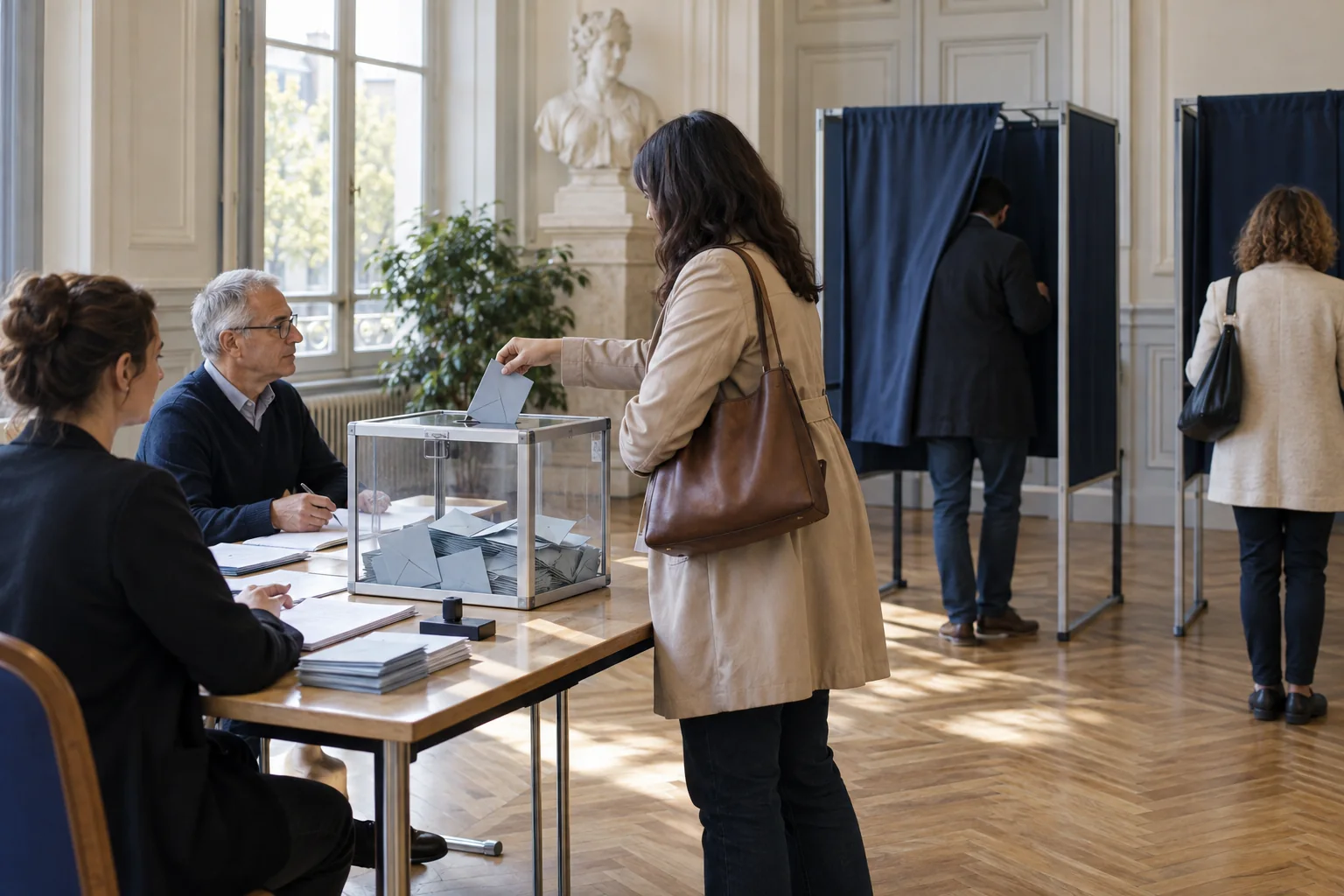 Électrice déposant une enveloppe dans une urne transparente au sein d’un bureau de vote français