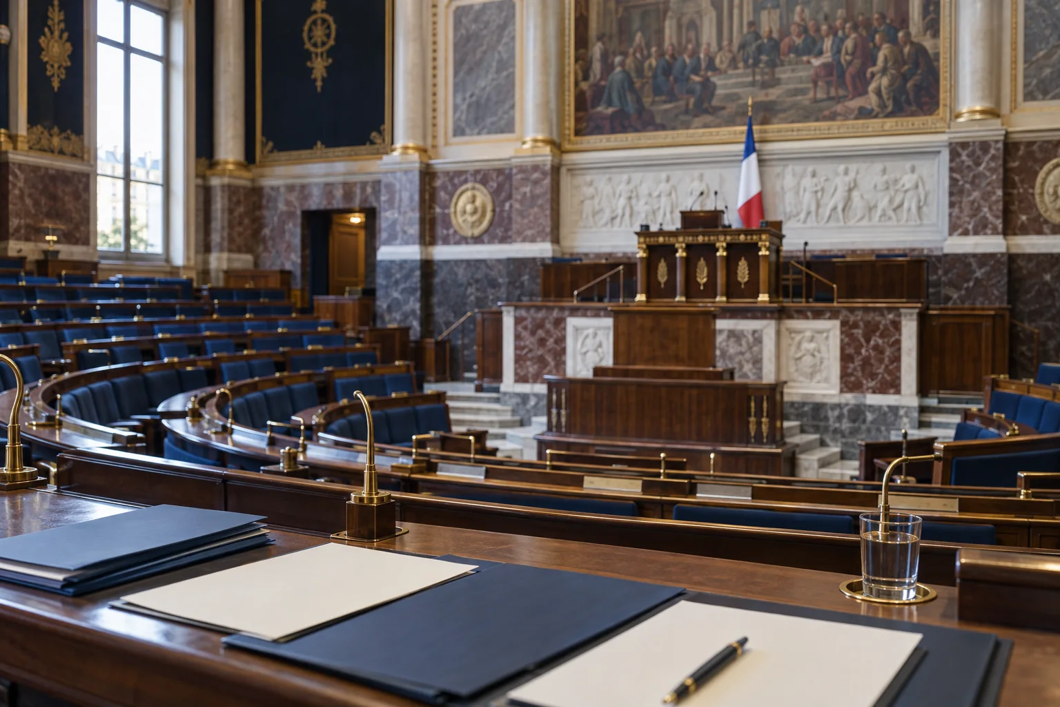 Salle parlementaire vide avec dossiers de travail sur les pupitres