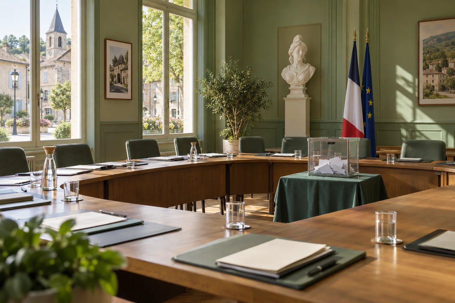 Salle de conseil municipal vide avec urne et dossiers sur une table