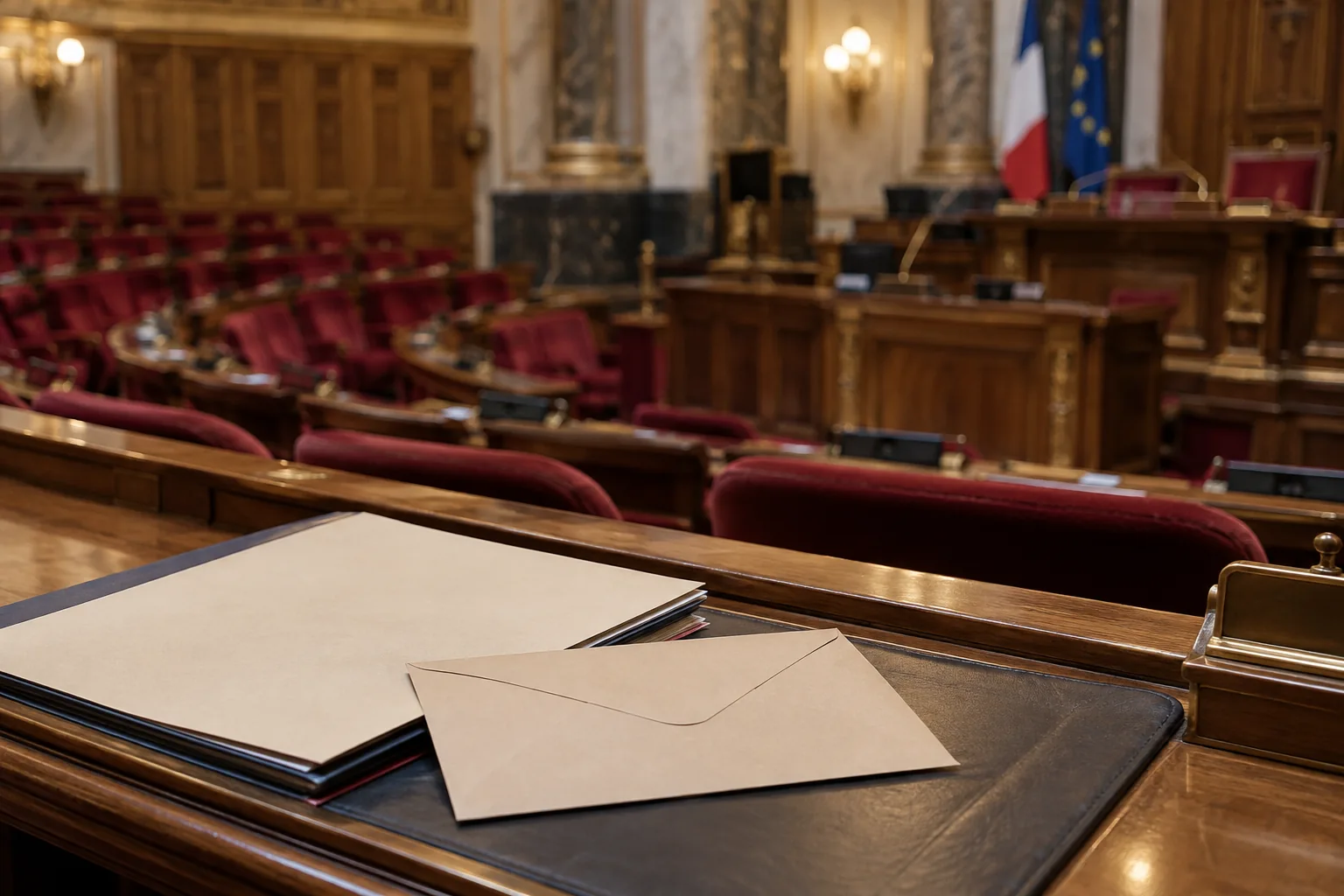 Salle institutionnelle aux sièges rouges avec dossier et enveloppe neutre au premier plan
