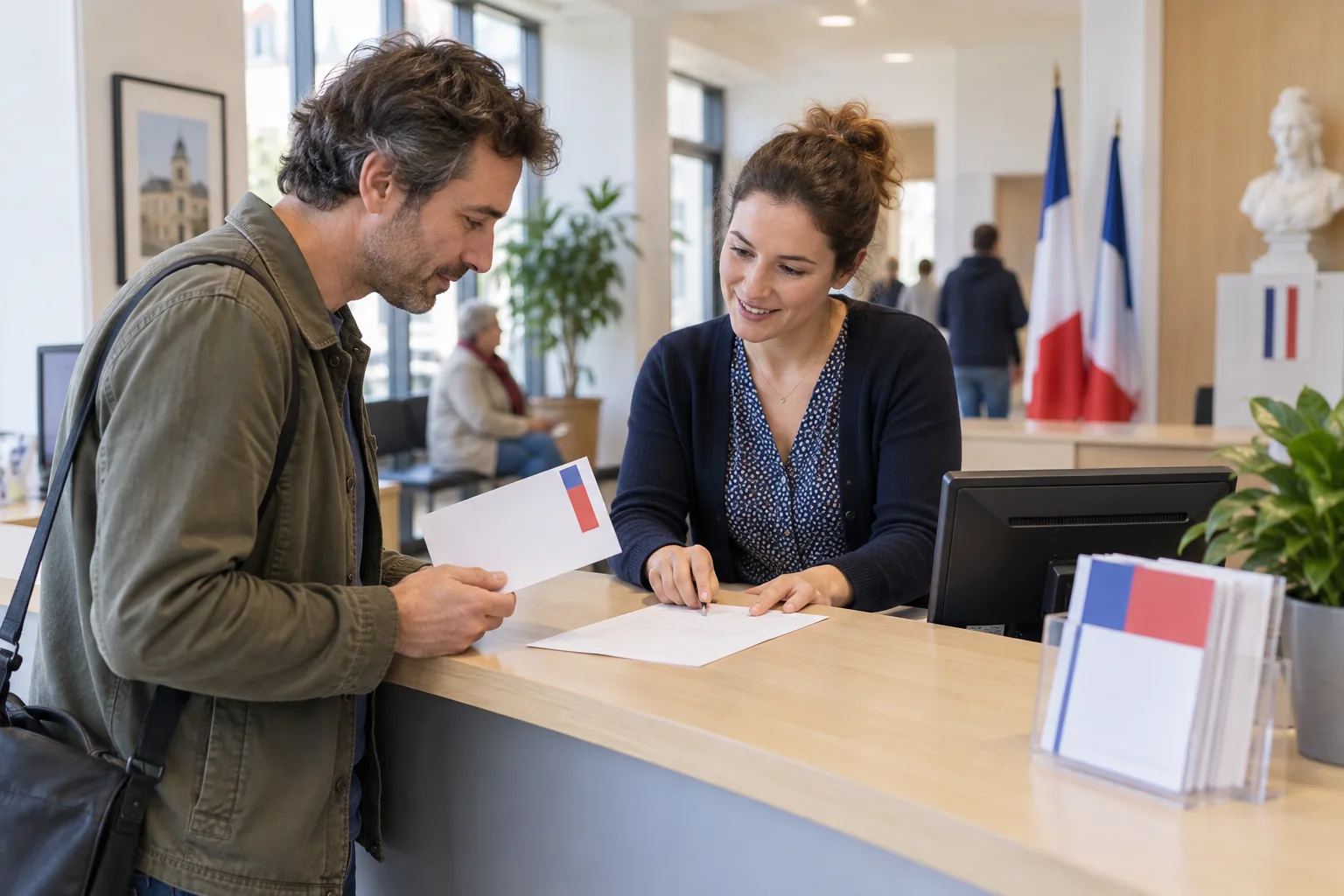 Une personne examine un dossier d’inscription électorale à un guichet municipal