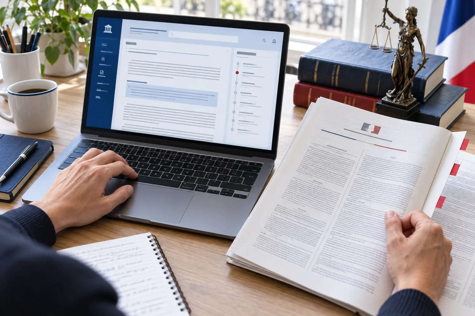 Personne comparant une publication juridique imprimée à sa version numérique sur ordinateur