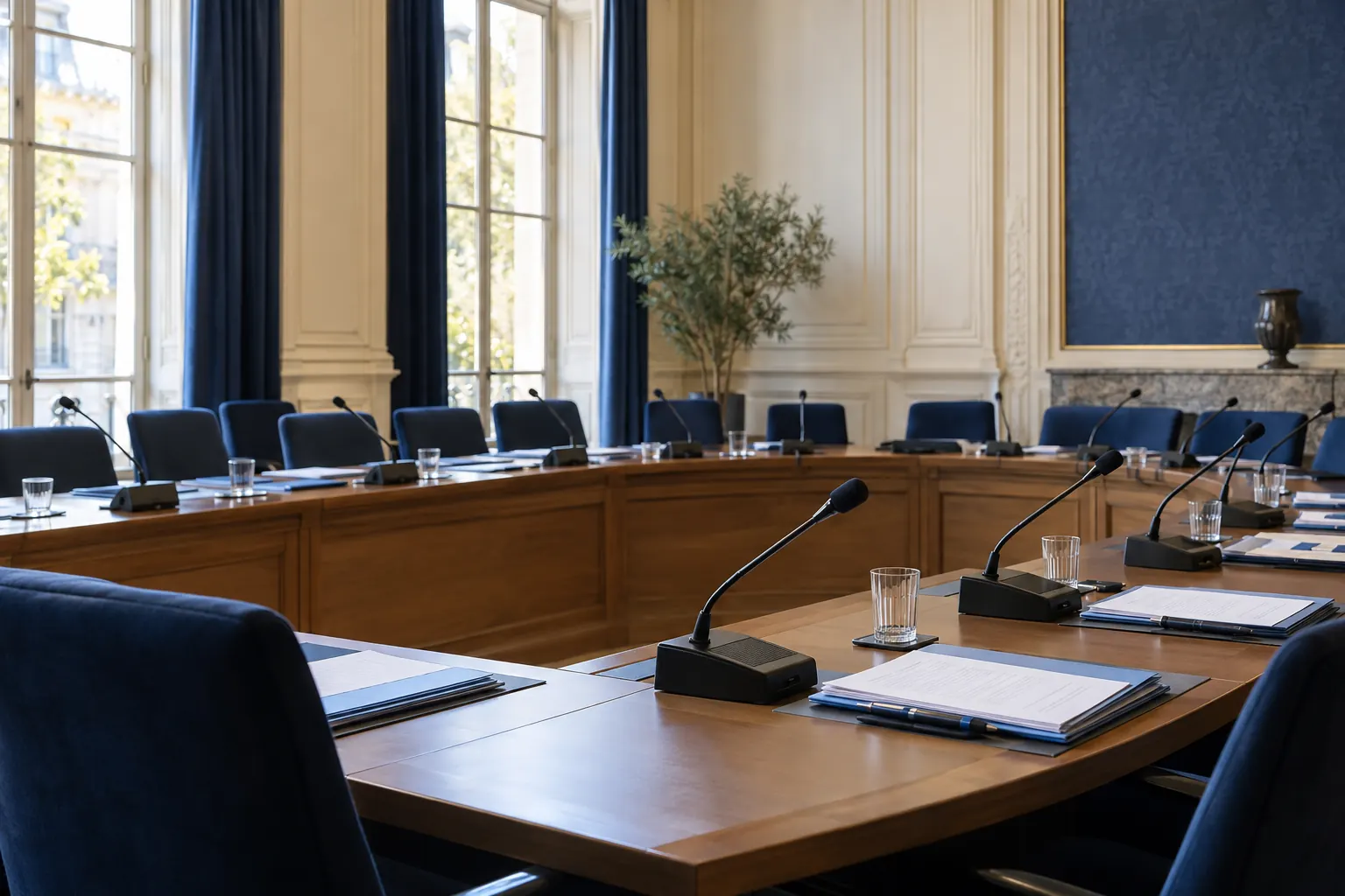 Salle de commission avec microphones et dossiers parlementaires
