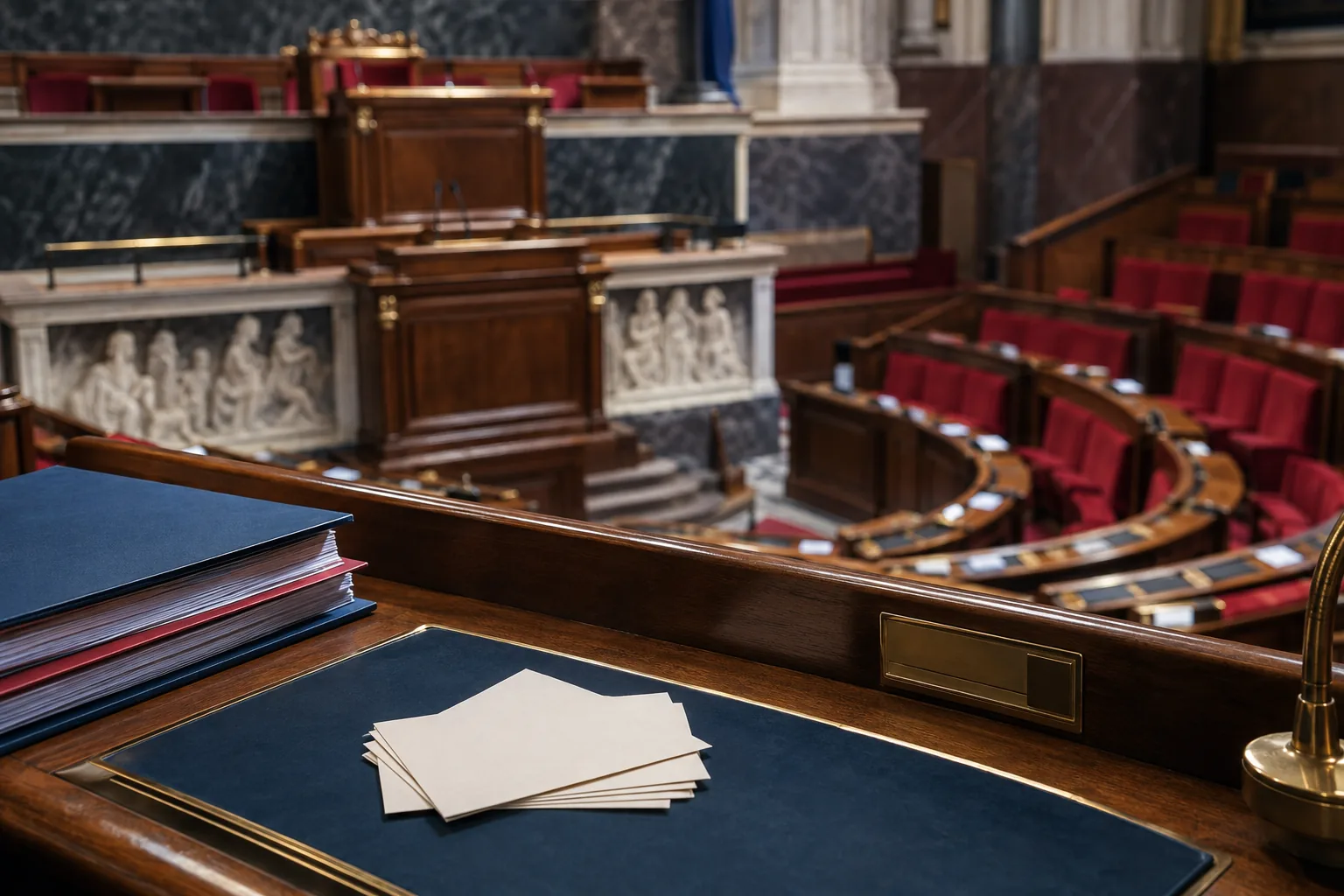 Dossiers de séance et bulletins devant un hémicycle évoquant le contrôle parlementaire