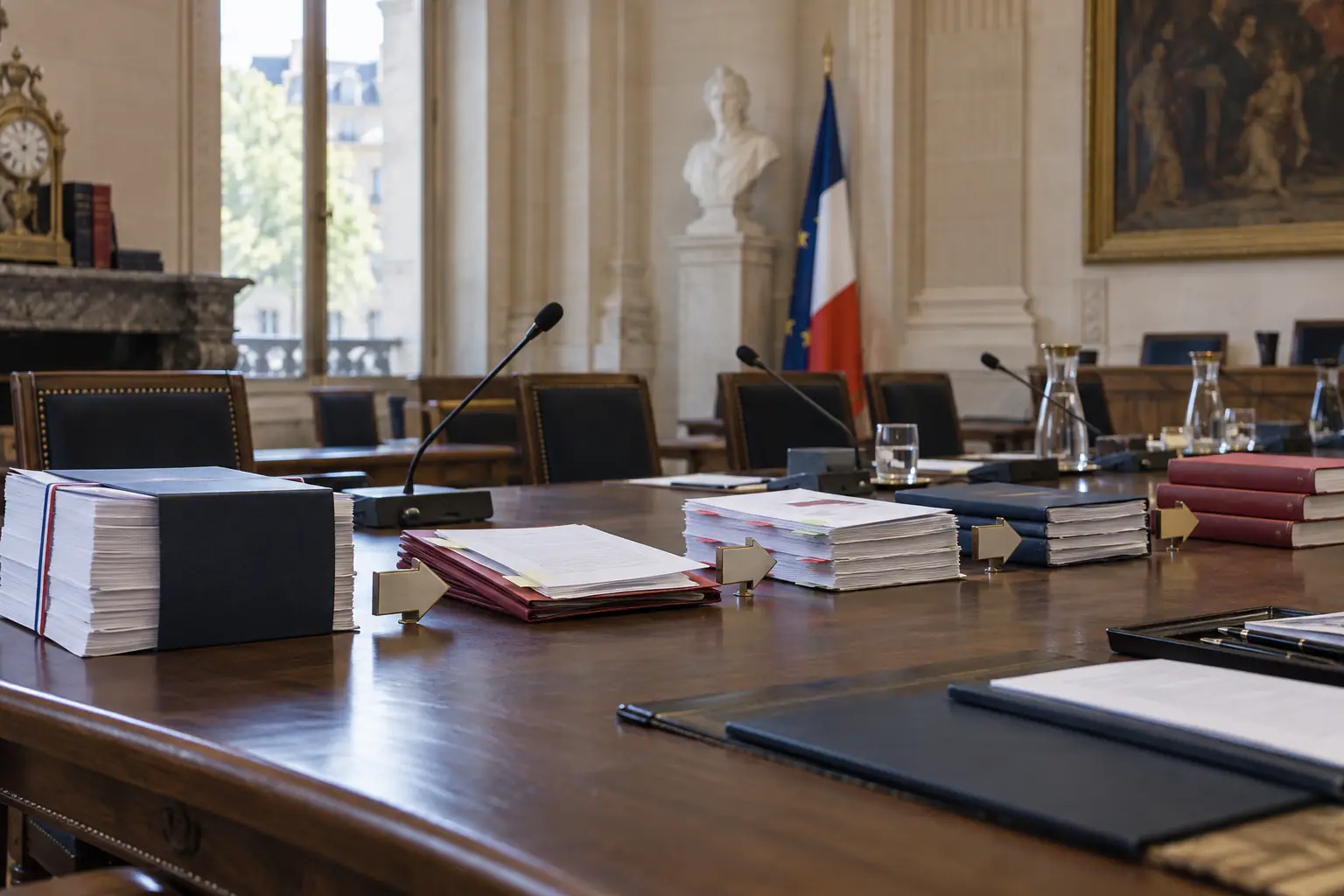 Documents de travail et microphones dans une salle de commission parlementaire française
