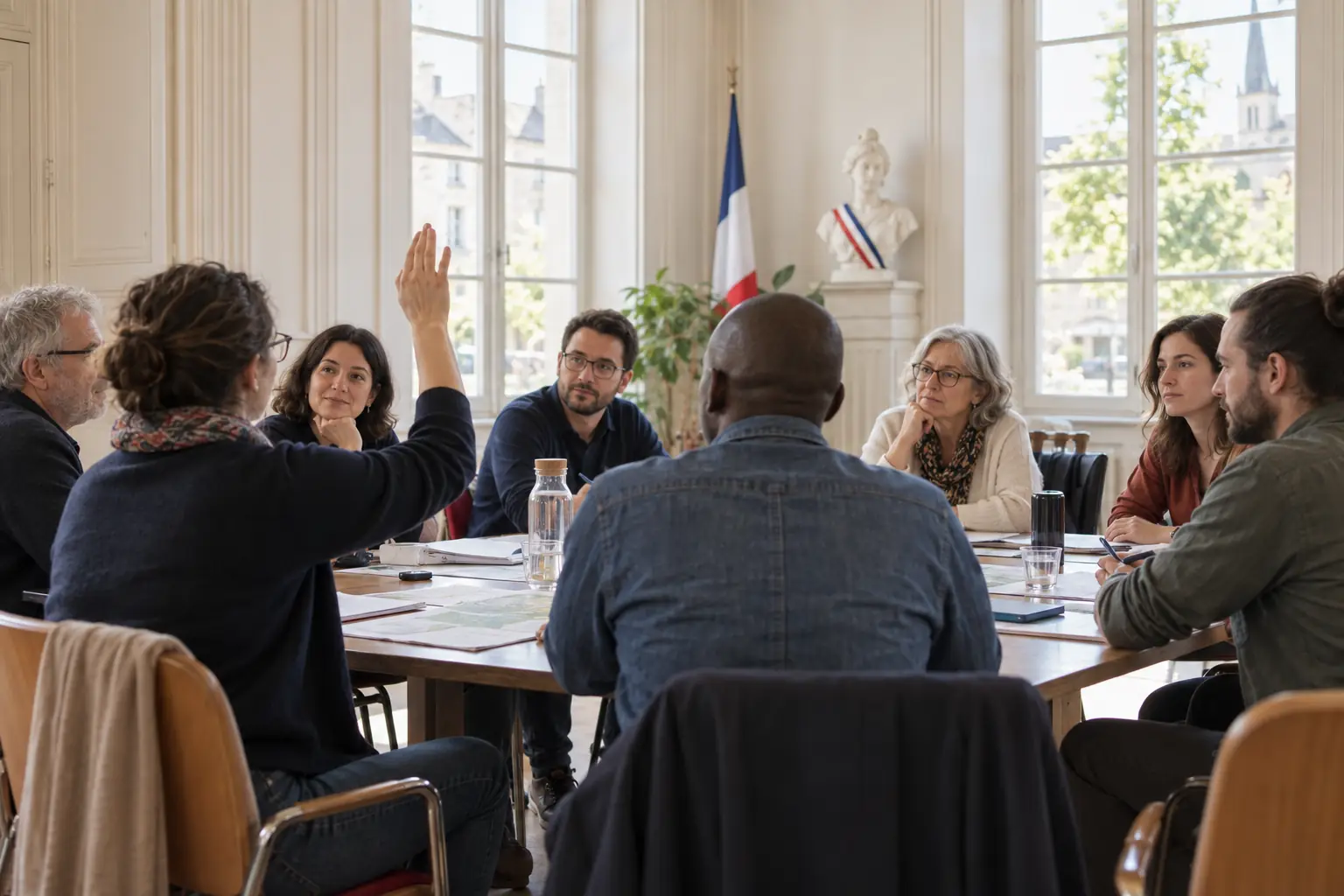 Habitants réunis autour d’une table lors d’une réunion publique dans une mairie française