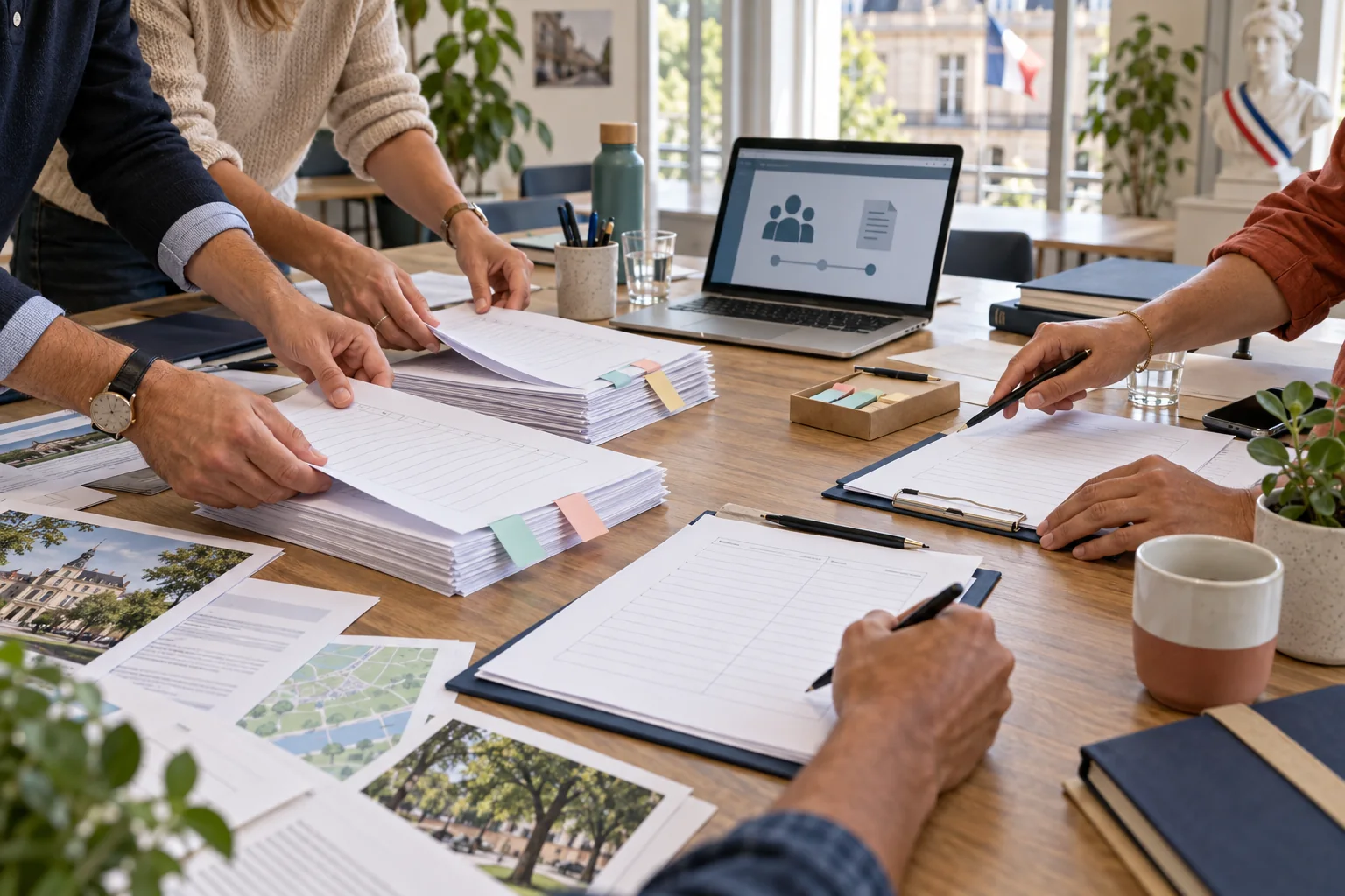 Citoyens préparant collectivement des feuilles de pétition et des documents justificatifs