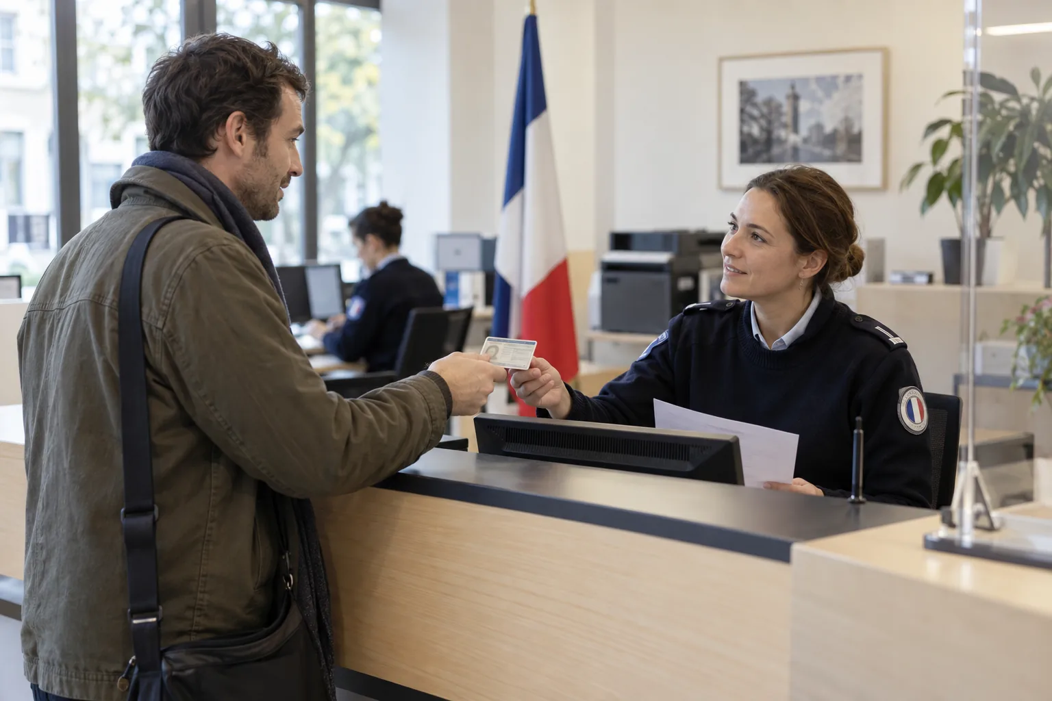 Une personne présente une pièce d’identité au guichet pour une démarche de procuration