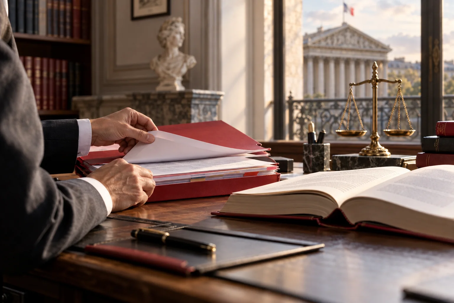 Professionnel du droit consultant un dossier juridique dans un bureau institutionnel