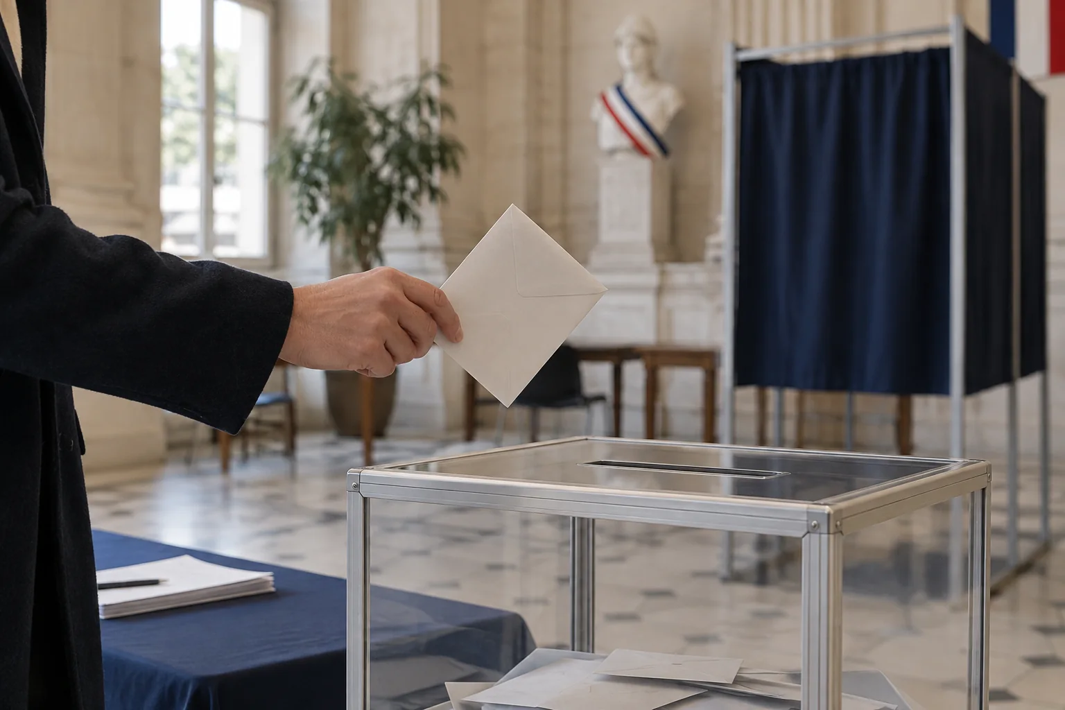 Main déposant une enveloppe dans une urne transparente au sein d’un bureau de vote français