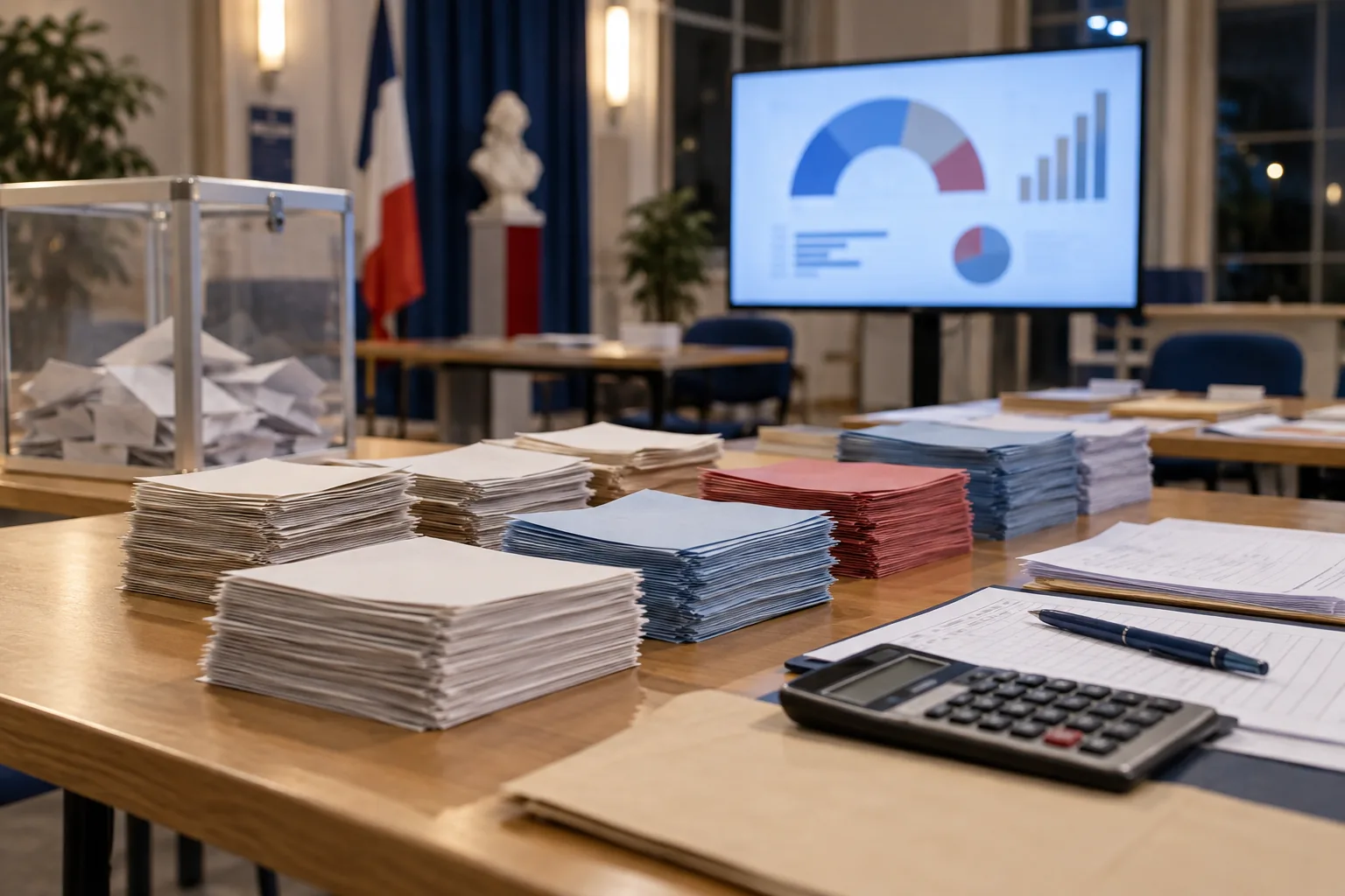 Bulletins triés, procès-verbal et graphiques lors d’un dépouillement électoral