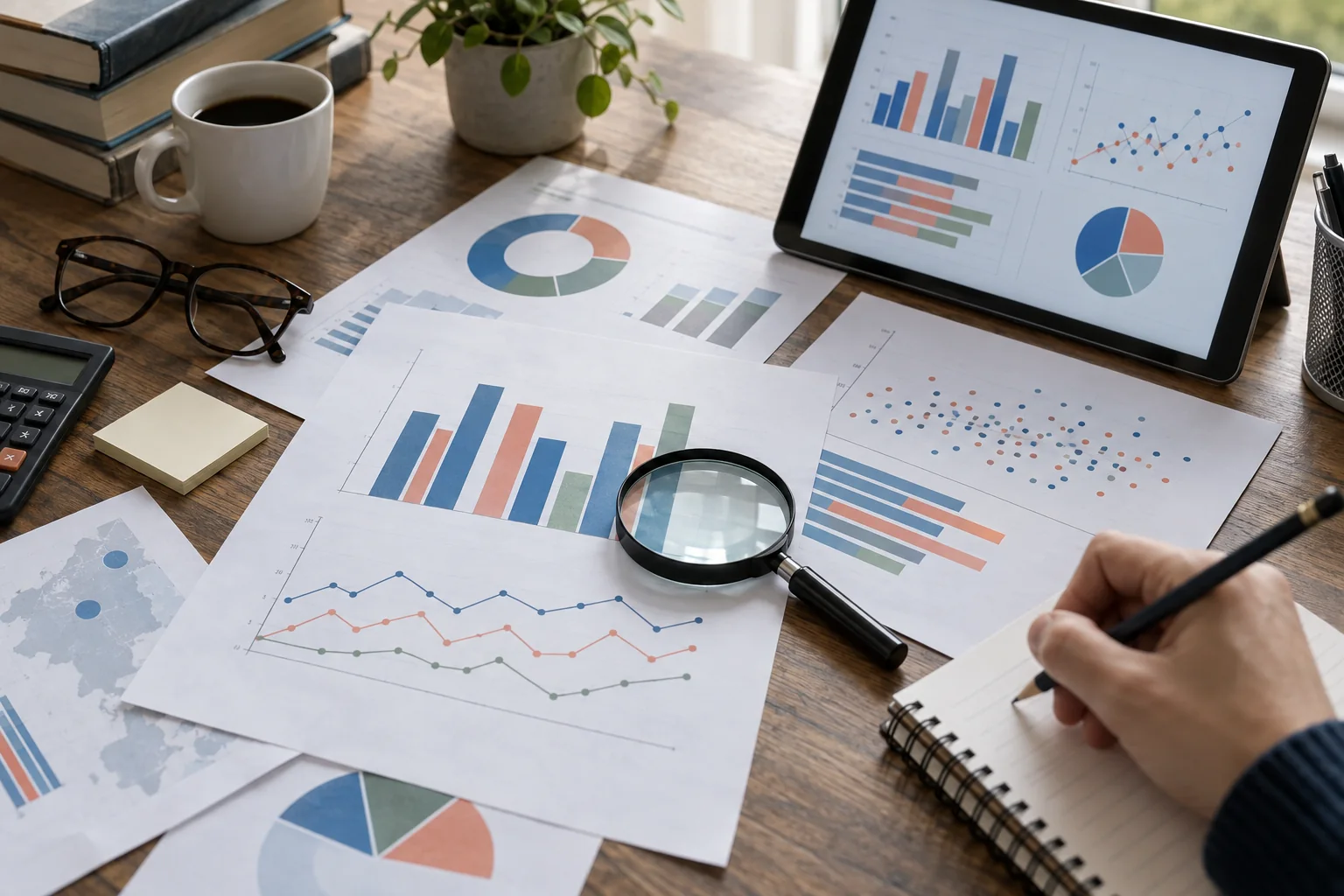 Graphiques, calculatrice et loupe utilisés pour analyser méthodiquement un sondage politique