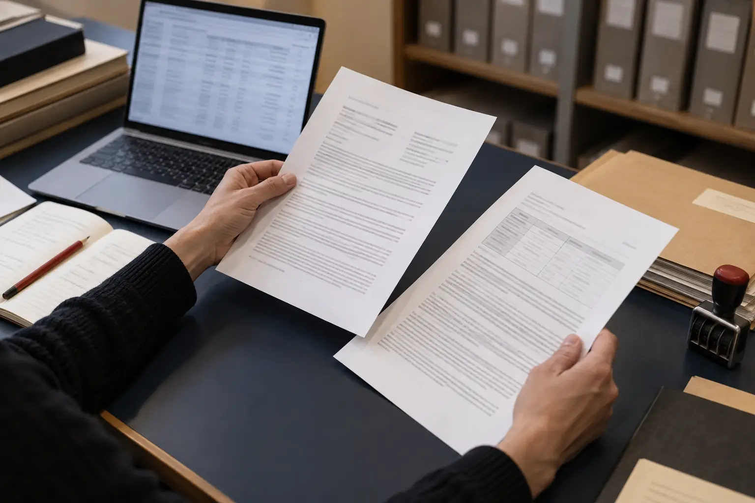 Personne comparant des documents imprimés avec des données affichées sur un ordinateur