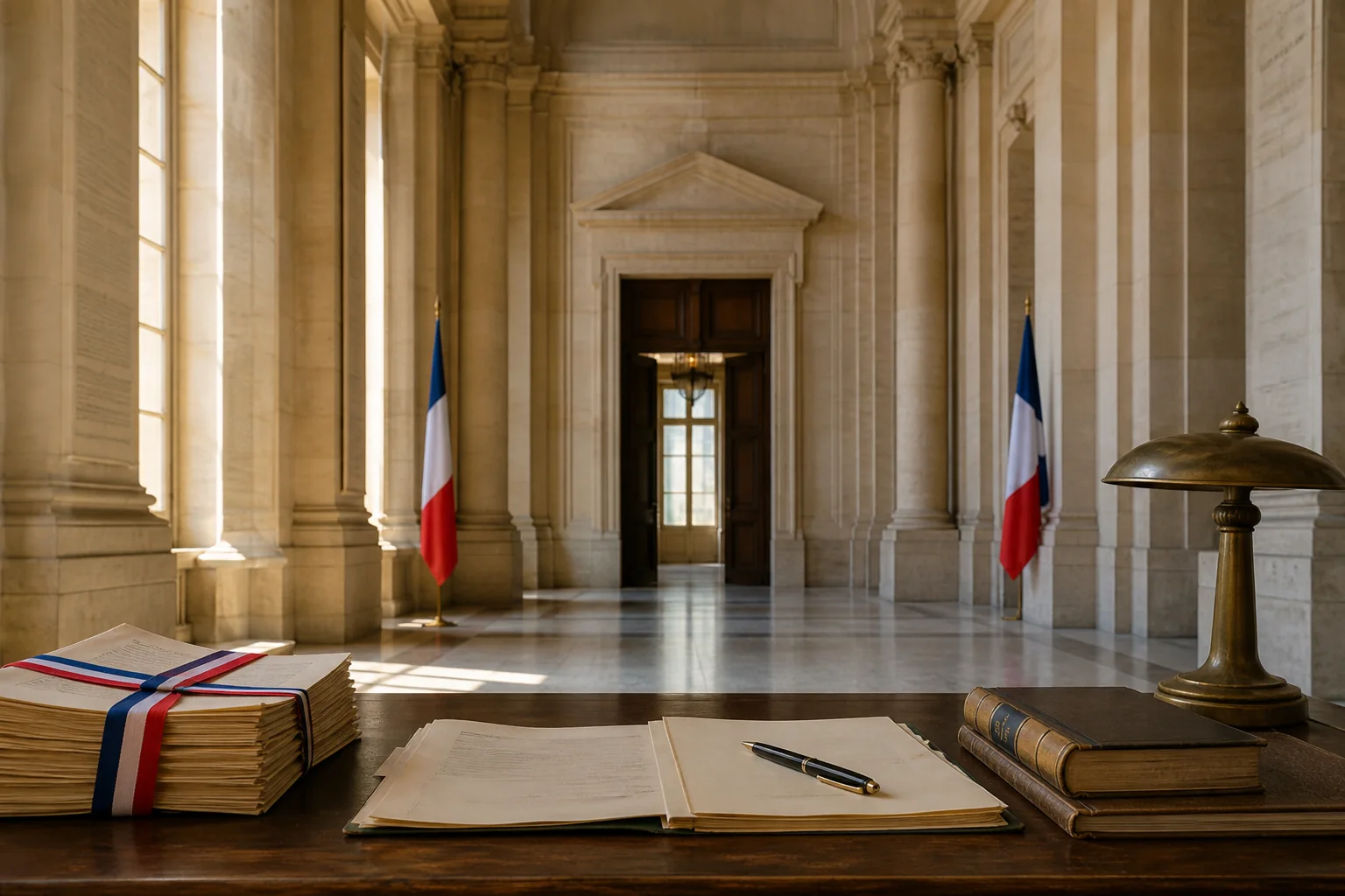 Intérieur institutionnel en pierre, documents publics et drapeaux français
