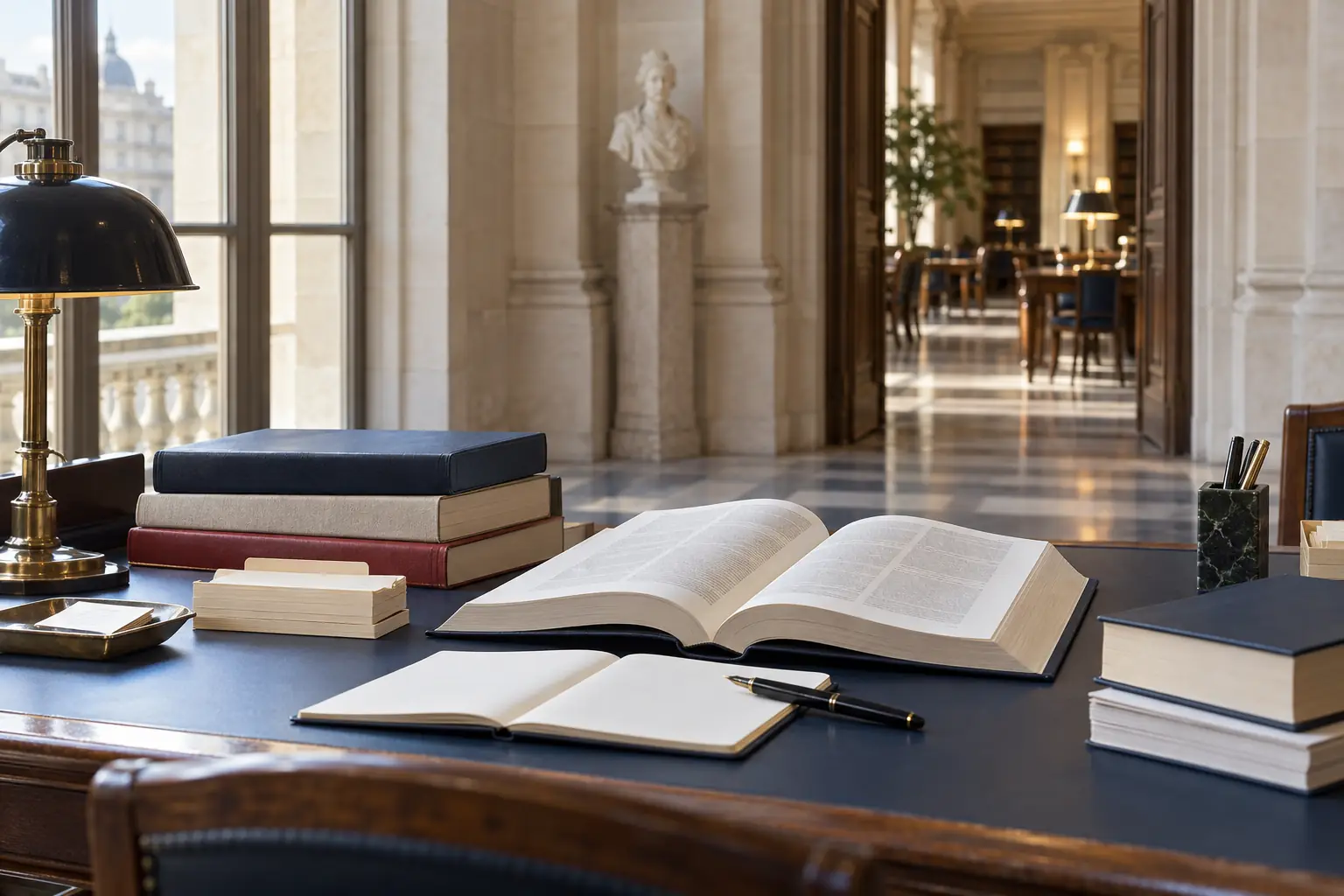 Livres de référence, carnet et plume sur une table de lecture institutionnelle