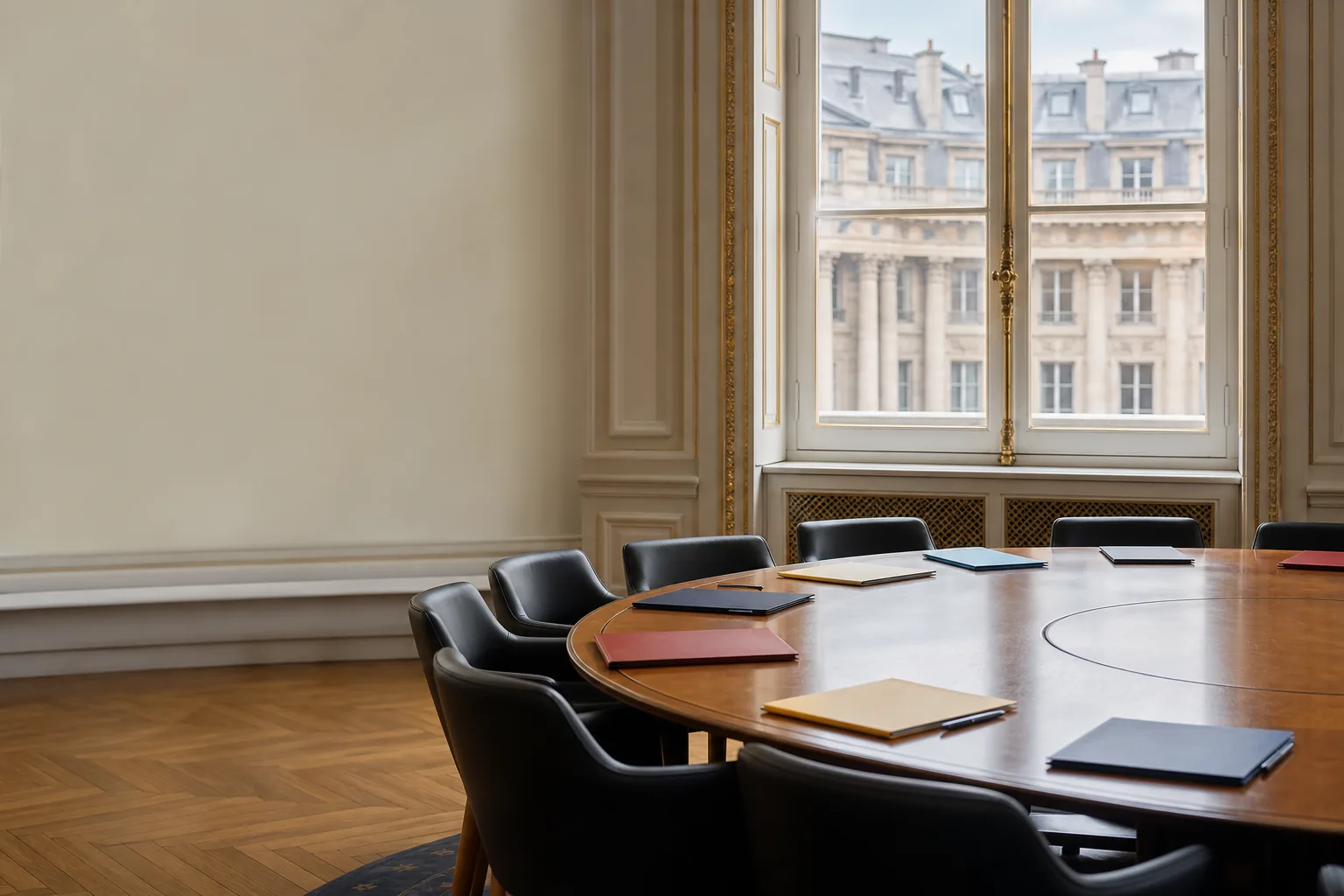 Table de réunion neutre illustrant la pluralité des mouvements politiques français