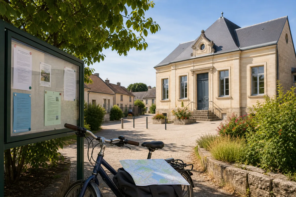 Mairie de commune, panneau civique, vélo et carte locale