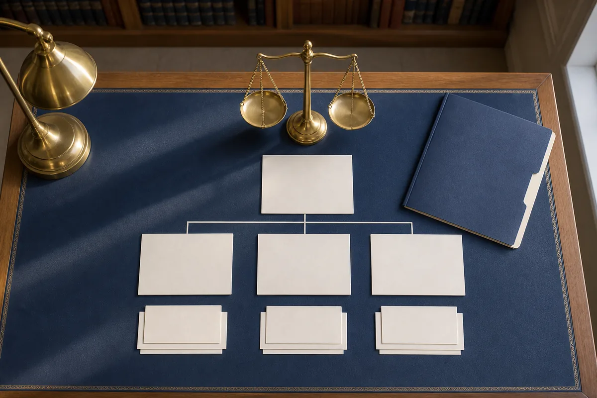 Schéma institutionnel et balance sur un bureau de documentation